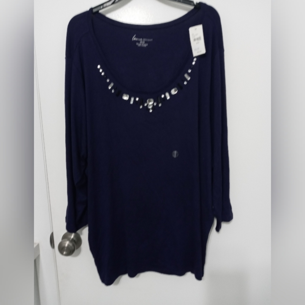 Lane Bryant Navy Blue Semi Sheer 3/4 Sleeve Basic Blouse with "Gem".Neckline